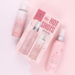 Prime, prep and protect hair with Drybar's The Hot Shots Set featuring their best sellers, Hot Toddy Heat Protectant Mist and Prep Rally Prime &amp; Prep Detangler!